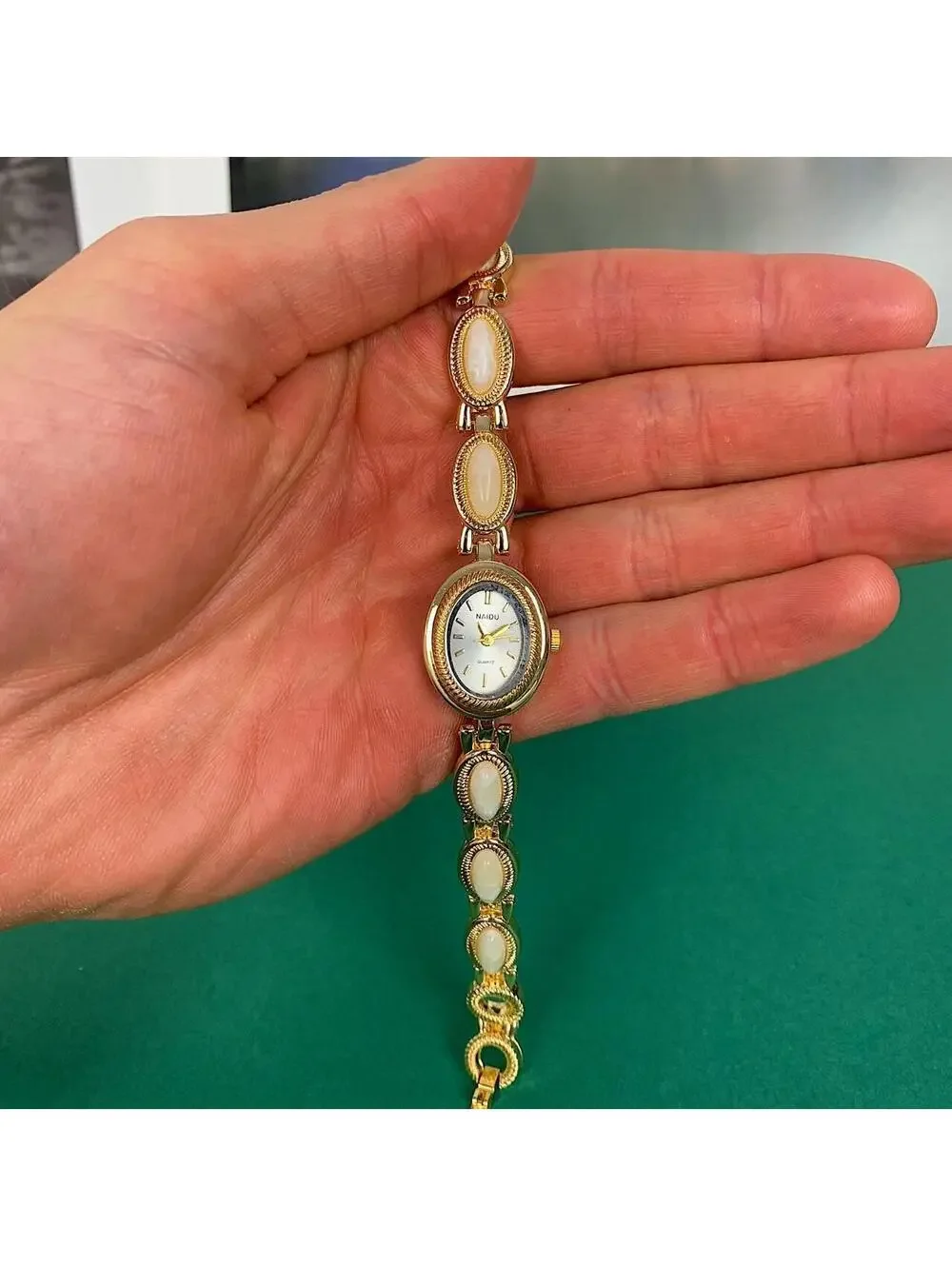 Y2k style Dainty cute Gold style tone quartz watch with lime green jade stone op